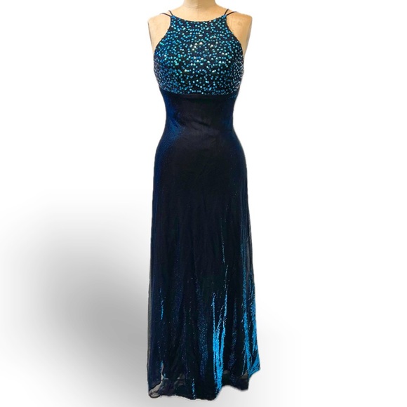 Vintage Dresses & Skirts - VINTAGE 80s deep midnight teal prom gown formal dress sequin iridescent sparkle